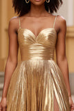 Robe de bal longue à bretelles spaghetti dorées scintillantes avec fente