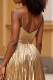Robe de bal longue à bretelles spaghetti dorées scintillantes avec fente