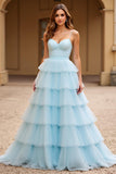 Robe de bal longue en tulle à bretelles spaghetti bleu ciel