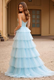 Robe de bal longue en tulle à bretelles spaghetti bleu ciel