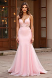 Sirène rose spaghetti bretelles robe longue de bal avec appliques