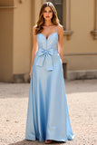 Robe de bal longue à paillettes à bretelles spaghetti bleu ciel scintillant avec nœud papillon