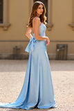 Robe de bal longue à paillettes à bretelles spaghetti bleu ciel scintillant avec nœud papillon