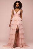 Robe de bal longue en organza rose à plusieurs niveaux avec fente
