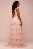 Robe de bal longue en organza rose à plusieurs niveaux avec fente