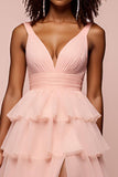 Robe de bal longue en organza rose à plusieurs niveaux avec fente