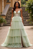 Robe de bal longue à volants vert clair scintillante à volants avec paillettes