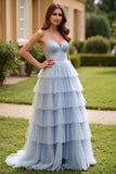 Robe de bal longue à volants bleu clair scintillante à bretelles spaghetti avec paillettes