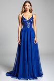 Robe de bal longue en mousseline de soie à bretelles spaghetti bleu royal scintillant avec paillettes