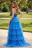 Robe de bal plissée sans bretelles bleue en tulle à plusieurs niveaux avec fente