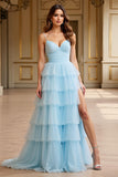 Robe de bal à bretelles spaghetti en tulle bleu ciel