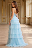 Robe de bal à bretelles spaghetti en tulle bleu ciel