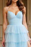 Robe de bal à bretelles spaghetti en tulle bleu ciel