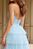 Robe de bal à bretelles spaghetti en tulle bleu ciel