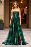 Glitter Dark Green A Ligne Sans Bretelles Ruché Robe de Bal Avec Fente
