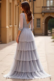 Tulle gris Une ligne Manches longues Robe de bal longue à plusieurs niveaux