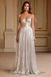 Paillettes argent spaghetti bretelles Une ligne Robe longue formelle