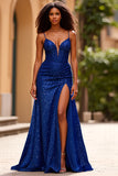 Paillettes scintillantes Robe de bal à bretelles spaghetti bleu foncé avec fente