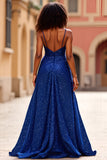 Paillettes scintillantes Robe de bal à bretelles spaghetti bleu foncé avec fente
