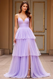 Robe de bal à volants spaghetti en tulle lilas à plusieurs niveaux avec fente