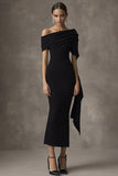 Robe cravate noire froncée à épaules dénudées