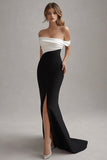 Robe cravate noire fourreau en satin mat à épaules dénudées