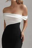 Robe cravate noire fourreau en satin mat à épaules dénudées