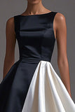 Robe à cravate noire en satin à col bateau