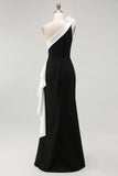 Robe longue cravate noire à volants de sirène à une épaule