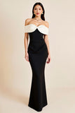 Sirène Robe longue cravate noire en satin à épaules dénudées