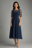 Robe midi midi en mousseline de soie bleu marine