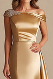 Fourreau Or Épaule Dénudée Satin Longue Robe Mère De La Mariée