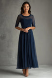 Tulle bleu marine Une ligne demi-manches plissé Robe longue mère de mariée