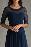 Tulle bleu marine Une ligne demi-manches plissé Robe longue mère de mariée