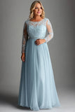 Robe de mère de la mariée en dentelle bleu ciel à manches longues grande taille