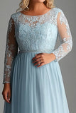 Robe de mère de la mariée en dentelle bleu ciel à manches longues grande taille