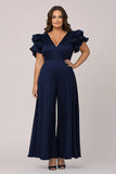 Col en V à volants bleu marine grande taille Tenue de mère de la mariée