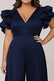 Col en V à volants bleu marine grande taille Tenue de mère de la mariée