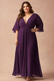 Violet foncé col en V grande taille mère de la mariée robe avec manches flottantes