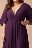 Violet foncé col en V grande taille mère de la mariée robe avec manches flottantes