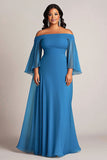 Bleu à épaules dénudées à volants manches grande taille longue mère de la mariée robe