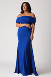 Sirène bleu royal froncé mousseline de soie grande taille longue mère de la mariée robe