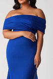 Sirène bleu royal froncé mousseline de soie grande taille longue mère de la mariée robe