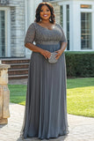 Gris scintillant Une ligne grande taille Robe mère de la mariée avec appliques