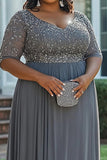 Gris scintillant Une ligne grande taille Robe mère de la mariée avec appliques