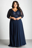 Robe scintillante bleu marine à col en V à manches longues grande taille mère de la mariée avec paillettes