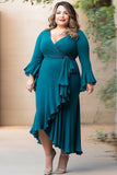 Fourreau paon col en V grande taille mousseline de soie Robe mère de la mariée avec volants