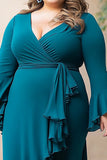 Fourreau paon col en V grande taille mousseline de soie Robe mère de la mariée avec volants