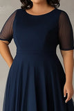 Bleu marine une ligne col rond grande taille Robe de mère de la mariée