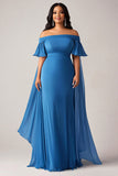 Fourreau bleu dénudé épaule grande taille longue mère de la mariée robe à volants